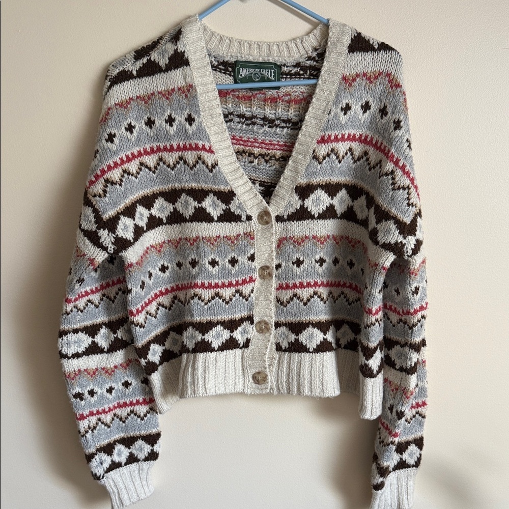 American Eagle Outfitters Women's Knit Cardigan - Cream, Brown, and Pink